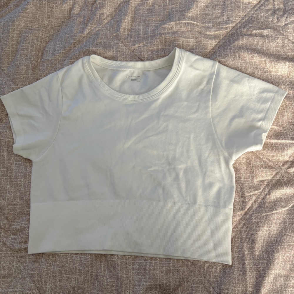 OFFLINE by Aerie Seamless Cropped Top White Ribbed Trim Activewear Size L